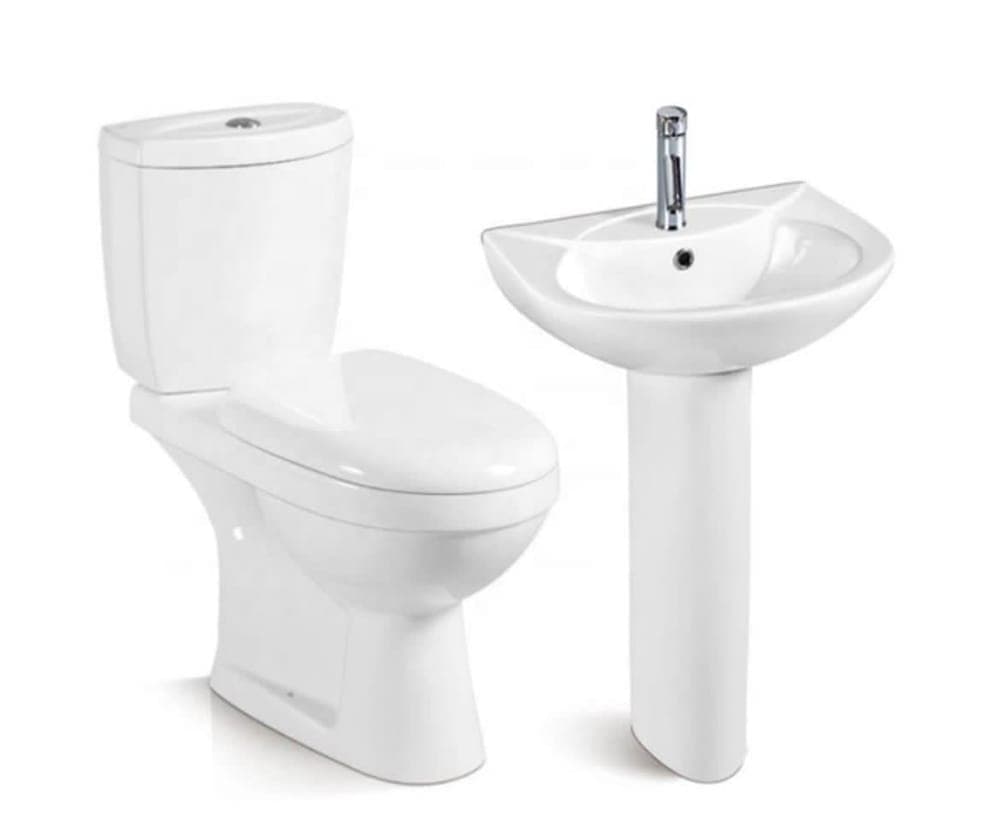 Ensemble sanitaire Océan : WC à poser et lavabo sur colonne, céramique blanche